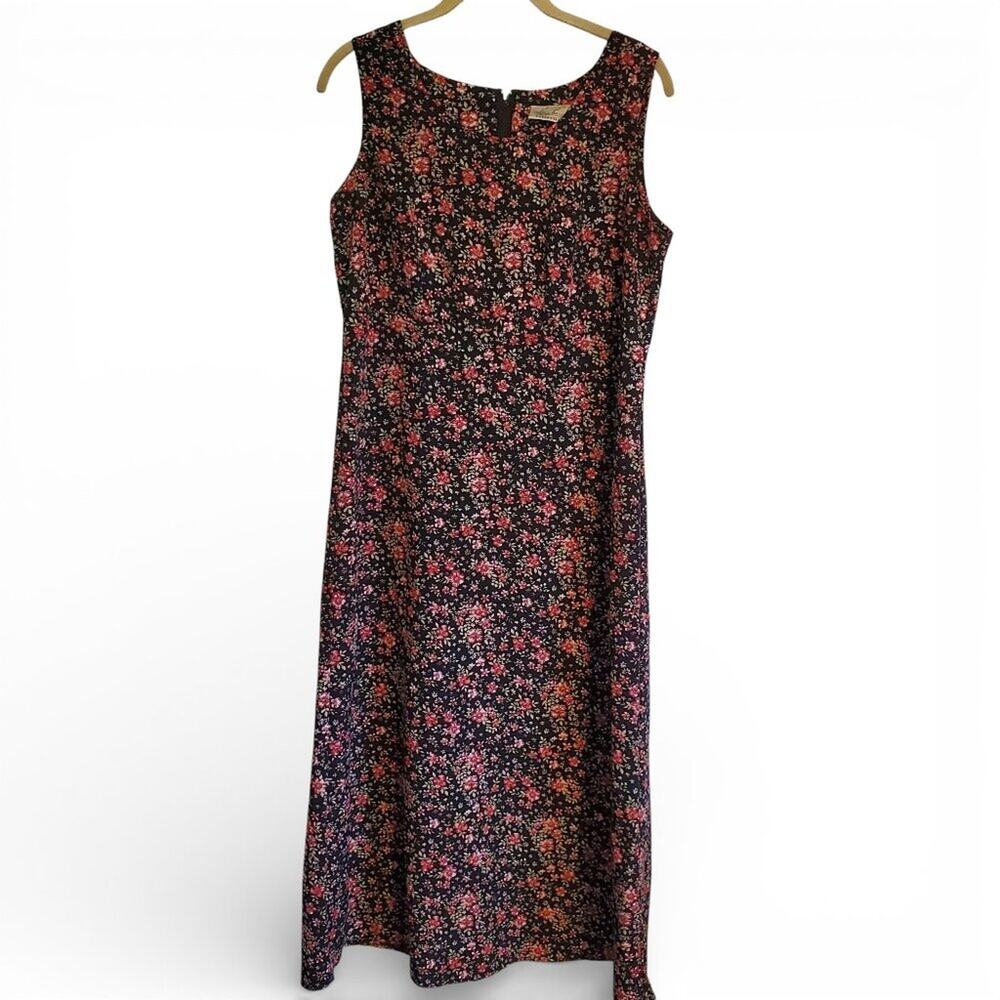 VIntage 90s Black Floral Sleeveless Red Floral A Line Midi Dress Indie Grunge